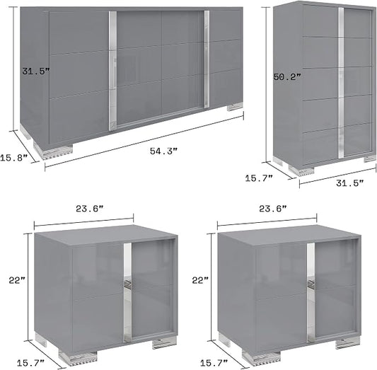 AMERLIFE 4 Piece Bedroom Dresser Set, Modern High Gloss UV Finish, 2 Nightstands, Chest of 5 Drawers & 6-Drawer Dresser, Electroplated Metal Handles, Bedroom Furniture Set, Grey