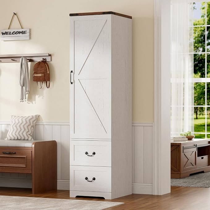 Armoire Wardrobe Closet with Reversible Hinge Doors and Adjustable Shelves, 71” Tall Farmhouse Narrow Wardrobe Closet with 2 Drawers and Hanging Rod, Rustic Wooden Armoire Closet for Bedroom, White