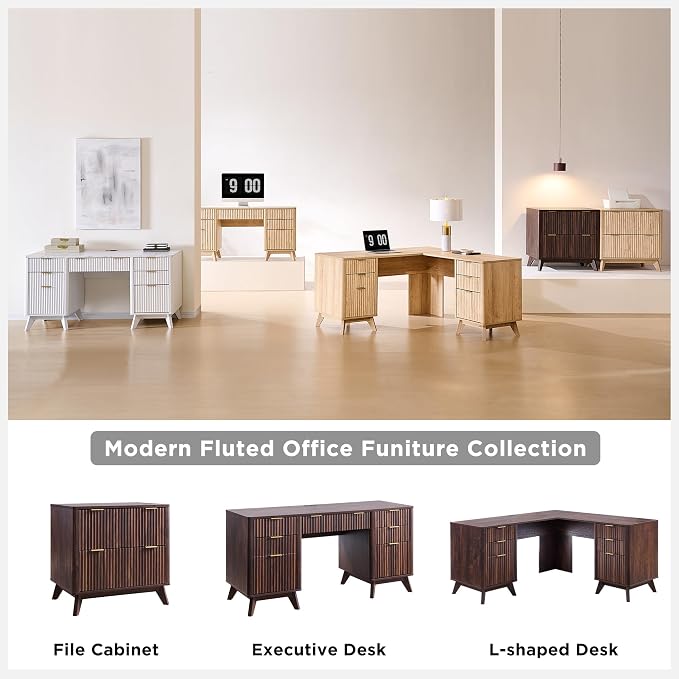T4TREAM Fluted Executive Desk with Drawers, 60" Modern Home Office Computer Desk with Charging Station, File Cabinet, Keyboard Tray and Storage Cabinet for Study, Living Room, Bedroom, Dark Walnut