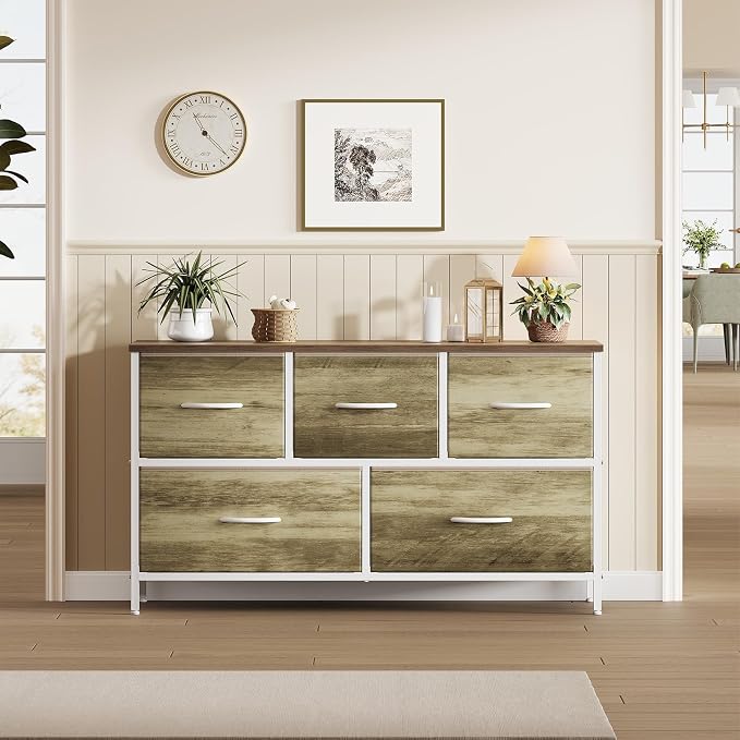 OLIXIS 5 Drawer Dresser for Bedroom, Storage Organizer Unit for Closet | Chest of Drawers for Clothes Storage with Bins, Wide Fabric Bedroom Dresser, Wooden Top, Living Room, Greige Oak