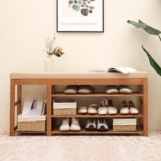 PETKABOO Shoe Rack Bench with Cushion 39.4“, Shoe Rack for Front Door Entrance, Shoe Bench with Storage for Entryway Hallway Bedroom Living Room