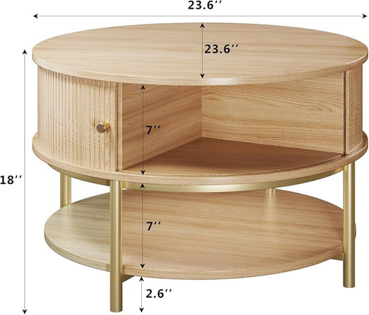 23.6" Round Coffee Table with Storage, 3-Tier Small Round Coffee Table with Sliding Cabinet Door & Round Metal Legs, Mid Century Modern Coffee Tables for Living Room, Oak