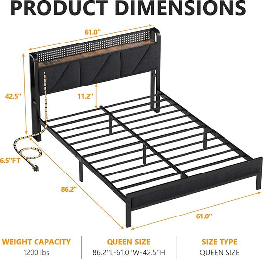 Furnulem Queen Bed Frame with Headboard and Storage Shelf, LED Light and Charging Station, Metal Platform Bed with Heavy Duty Slats, No Box Spring Needed, Noise Free & Easy Assembly
