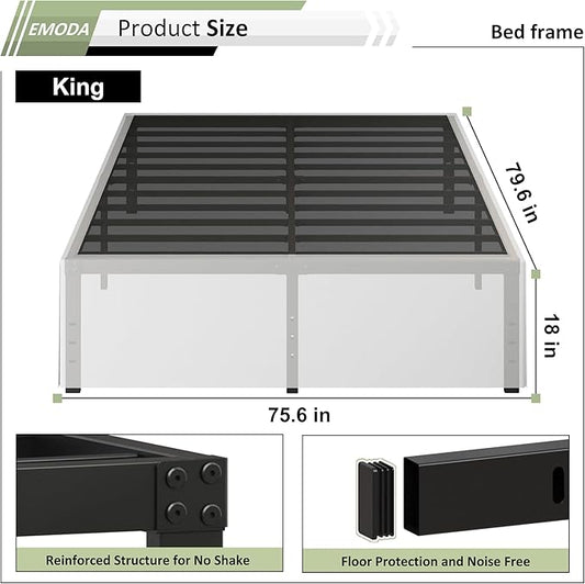 EMODA 18 Inch King Bed Frame with White Fabric Cover, Heavy Duty Metal King Platform Bed Frame No Box Spring Needed, Noise Free, Easy Assembly