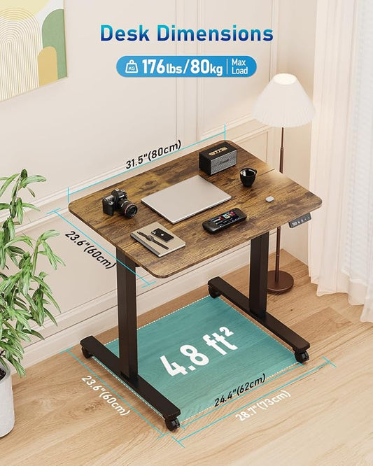 32" Small Electric Rolling Standing Desk Adjustable Height, Mobile Sit Stand up Desk with Lockable Casters for Home Office & Computer Workstation, Splice Board, 2 Hooks, Black Frame/Rustic Brown Top