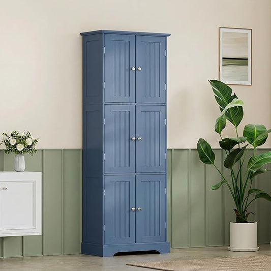 ChooChoo Tall Bathroom Storage Cabinet with 6 Doors, Freestanding Floor Cabinet with Adjustable Shelves, Blue Pantry Cabinet for Bathroom, Kitchen, Laundry Room