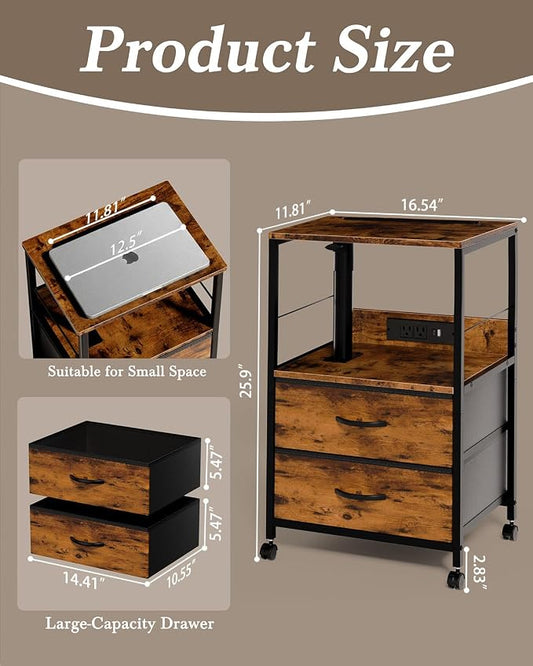 Faesun Swivel Lift Top Nightstand with Charging Station, Rolling Side Table for Recliner, Bedside Table with Wheels & 2 Fabric Drawers, for Small Spaces, for Bedroom, Living Room, Brown