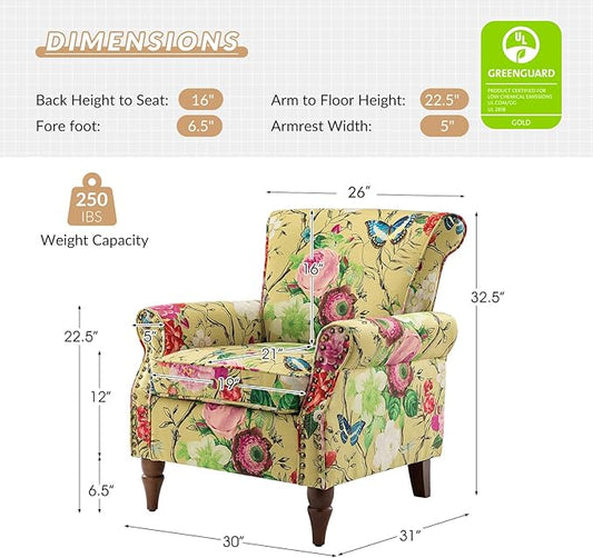 HULALA HOME Modern Wingback Accent Chair with Wood Legs & Removable Cushion, Comfy Upholstered Armchair with Nailhead Trim, Floral Pattern Single Sofa Chair for Living Room Bedroom, Mustard