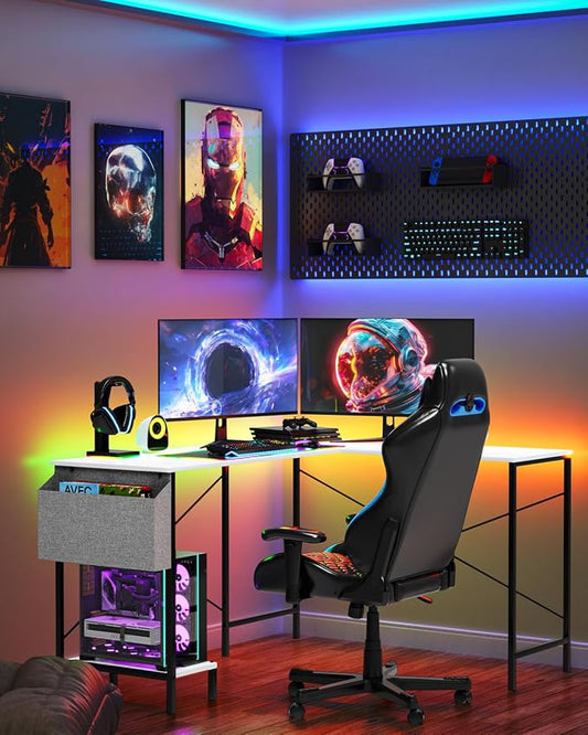 L Shaped Desk Gaming Computer 50 Inch Reversible Corner Table PC Work Table for Writing Study Student with Wood Tabletop Metal Frame CPU Stand Side Bag for Home Office Small Place