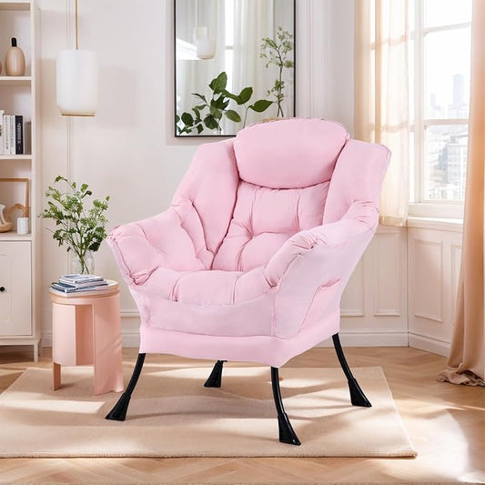 Furlide Lazy Chair for Living Room, Modern Accent Chairs with Armrests, Pink Armchairs with Side Pocket, Cozy Lazy Sofa for Reading, Balcony, Bedroom, Dorm, Small Spaces