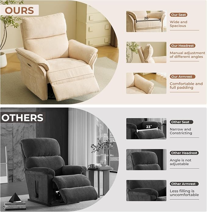 Oversized Power Recliner Chair Swivel Glider with Massage and Heat, Rocker Nursery Recliner for Adults with Adjustable Headrest, 26" Extra Wide Nursery Chair with Overstuffed Armrest,Beige