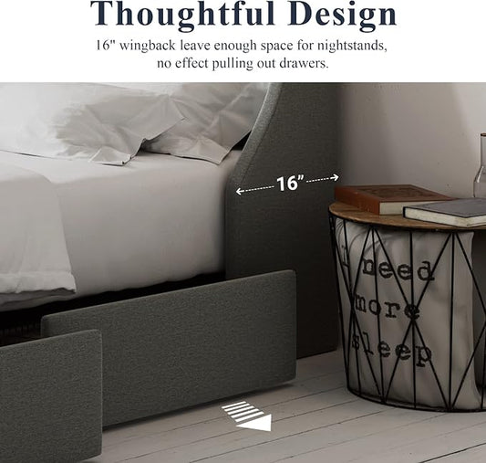 Allewie Queen Bed Frame with 4 Storage Drawers and Wingback Headboard, Button Tufted Design, No Box Spring Needed, Light Grey