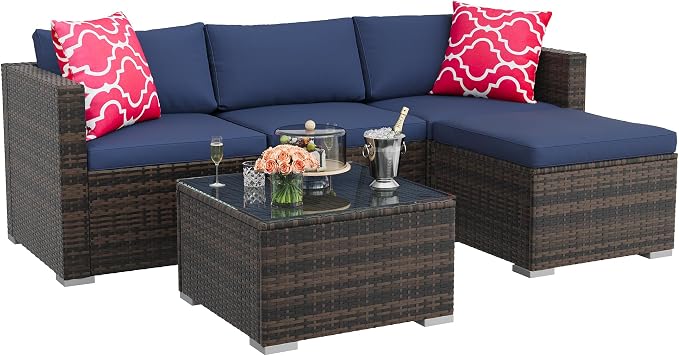5-Piece Outdoor Sectional Sofa Set, All-Weather PE Rattan Patio Furniture with Ottoman & Tempered Glass Table, Convertible Garden Couch for Backyard, Porch, Poolside (Brown/Dark Blue)