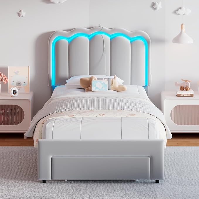 Jocoevol Twin Upholstered LED Bed Frame with Storage Drawer and Adjustable Chic Double Wavy Headboard, Velvet Princess Platform Bed for Girls/Kids, Solid Wood Slats Support, No Box Spring Needed, Grey