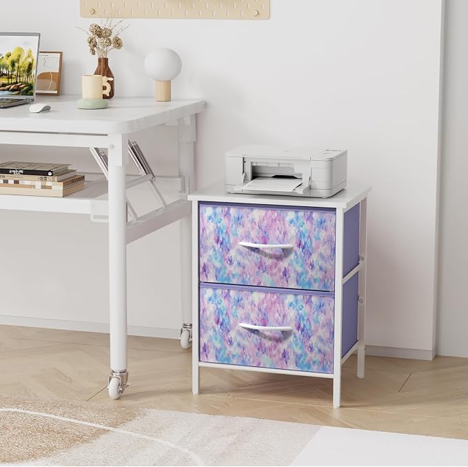 Stero Nightstand Set of 2, Kids Dresser with 2 Drawers, Steel Frame Bedside Furniture, Wood Top Fabric Night Stand, Colorful End Table for Home, Bedroom, Office, Tie-dye Purple