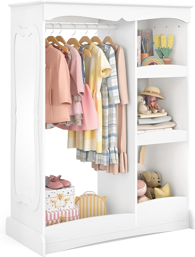 Curipeer Kids Dress Up Storage with Flower Mirror, Open Hanging Closet Wardrobe for Children, Kids Armoire & Costume Organizer for Bedroom Playroom Preschools Classroom, White