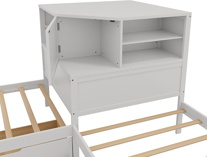 Merax L-Shaped Combination Twin Bed Frame with Trundle,Drawer,Built-in Desk and Led Downlight,3-in-1 Design for Bedroom