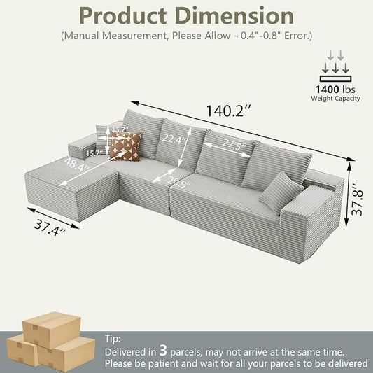 140" L Shaped Cloud Sectional Couch for Living Room, Modular Floor Deep-Seat Sofa, Big Comfy Corduroy Couches Set with Fluffy Memory Foam for Living Room Bedroom, No Assembly Required, Grey