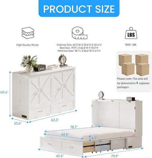 PUREMIND Queen Murphy Bed Cabinet with Mattress Included, Bedroom Cabinet Beds with USB Charging Station, Murphy Chest Bed with Storage Drawers, Horizontal Wallbed for Guest Room White