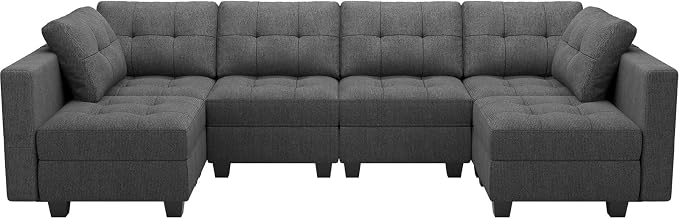 Belffin Modular U Shaped Sectional Sofa Couch with Reversible Chaises 6-seat Sectional Couch with Storage Seat Modular Sectional Set with Ottomans Dark Grey