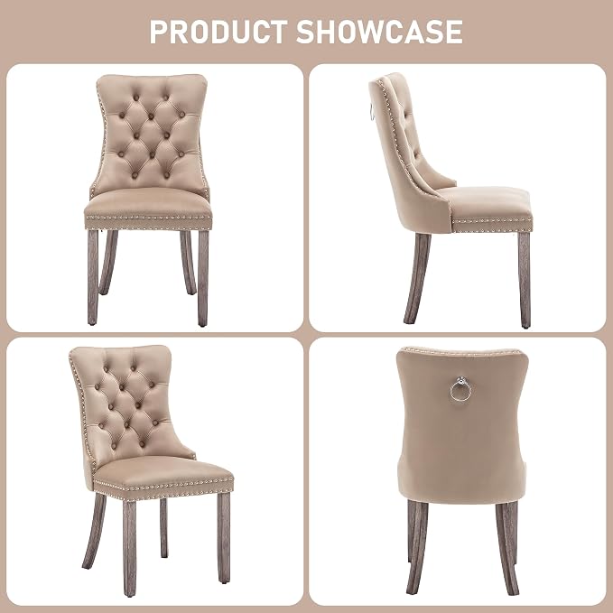 Mid Century Modern Dining Chair Set of 6 Velvet Upholstered Dining Accent Chair Farmhouse Dining Chairs with High Back and Nailhead Trim for Kitchen, Living Room, Bedroom (Khaki)