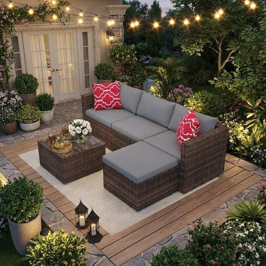 5 PCS Outdoor Sectional Sofa Set, Outdoor Patio Set Sectional Sofa, All-Weather PE Rattan Patio Furniture with Ottoman & Tempered Glass Table for Garden, Backyard, Porch, Poolside (Brown/Gray)