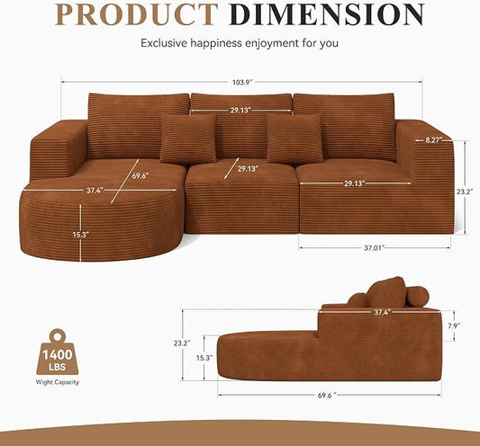 L-Shaped Boneless Couch,104" Couches for Living Room with Curved Chaise,Modular Sectional Sofa with Deep Seat,Modern Cozy Cloud Compression Sofas,No Assembly Required(Brown) 1PCS