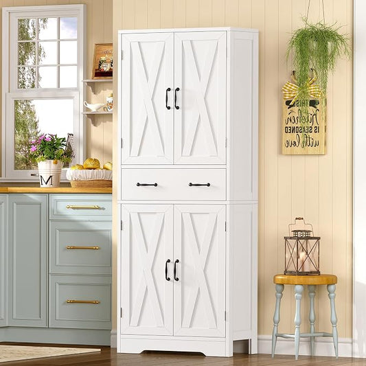 TEENFON Tall Storage Cabinet with 2 Adjustable Shelves & 1 Large Drawer, Kitchen Pantry Cabinet with 4 Doors, Bathroom Storage Cabinets, for Living Room, Kitchen, Bathroom, White