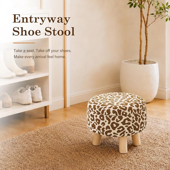 Wimarsbon Storage Ottoman, Modern Round Footrest with Soft Padded Seat, Pattern Velvet Footstool with Wood Legs, Accent Small Table or Plant Stand for Hallway, Living Room (Khaki)