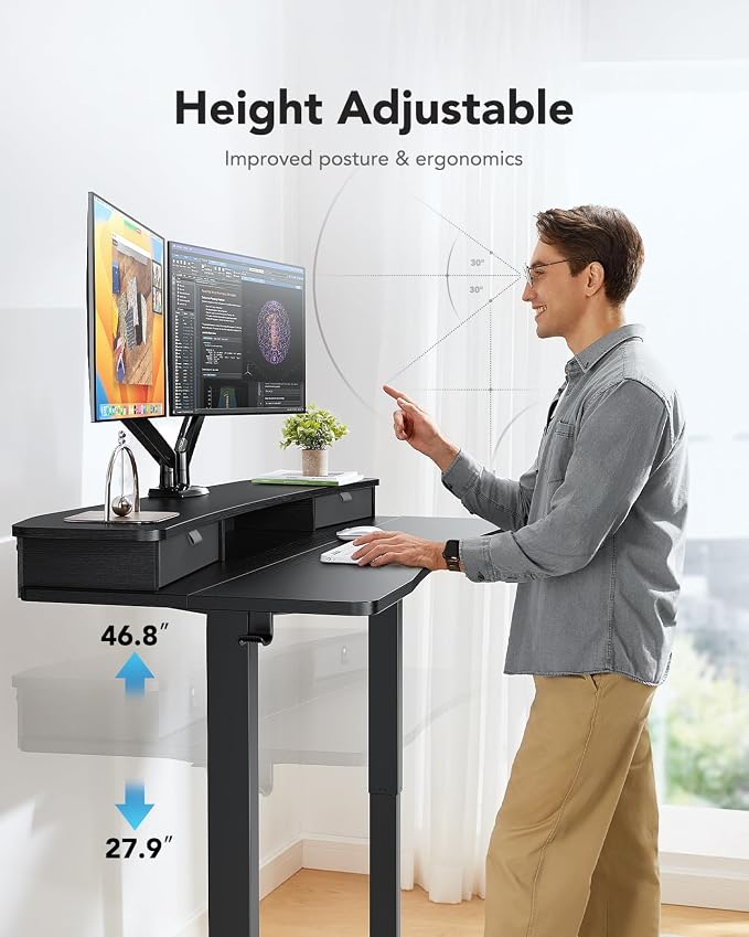 HUANUO 48″ x 28″ Electric Standing Desk with 2 Drawers, C-Clamp Mount Compatible, Height Adjustable Computer Desk, Home Office Stand Up Desk with 4 Preset Heights & 2 Hooks, Black