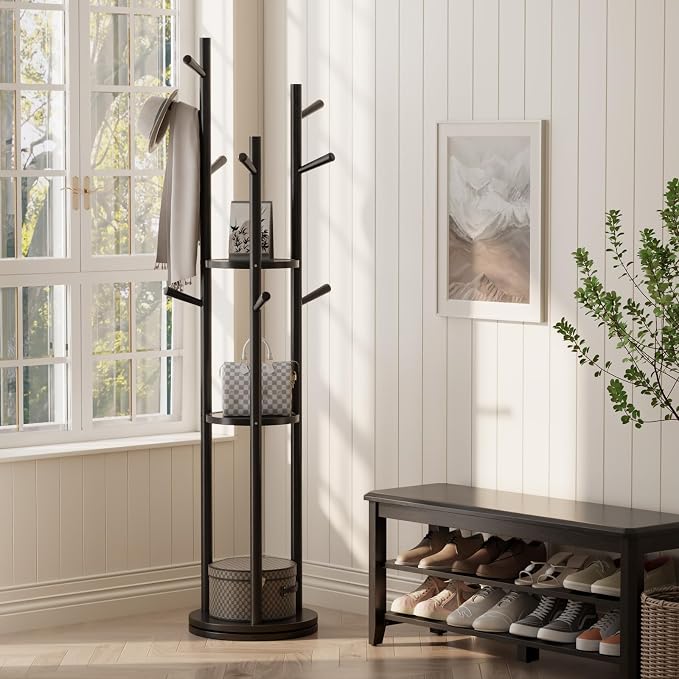 Muwuele Solid Wood Rotary Coat Rack, Freestanding Coat Rack with 3 Shelves and 9 Hooks, Coat tree for Bedroom, Entryway, Livingroom, Coat Hanger Stand for Coats, Scarves, Handbags (Black)