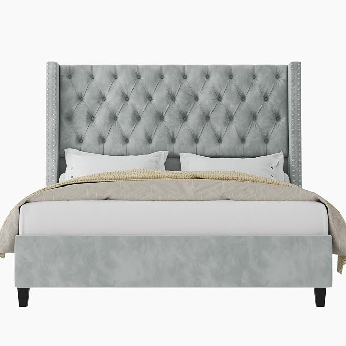 Jocisland King Size Bed Frame with 51.6” Wingback Tufted Velvet Headboard, Modern Upholstered Platform Bed, No Box Spring Needed, Easy Assembly, Light Grey