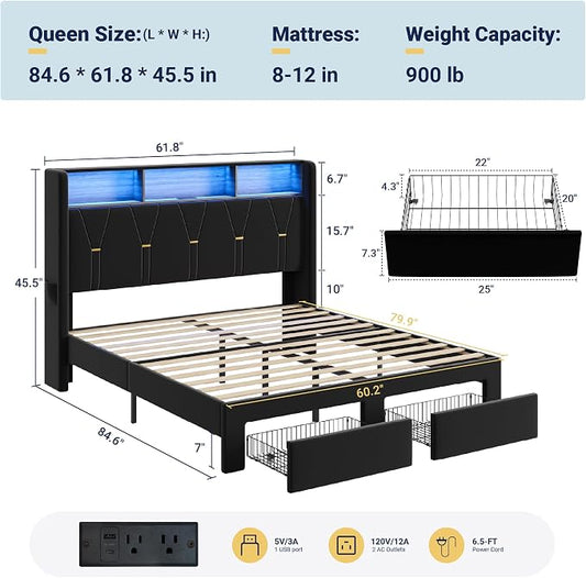 Allewie Queen Bed Frame with 2-Tier Storage Headboard, Charging Station & LED Light, Velvet Upholstered Platform Bed with 2 Drawers, Wingback Headboard, Gold Button Tufted, No Box Spring Needed, Black