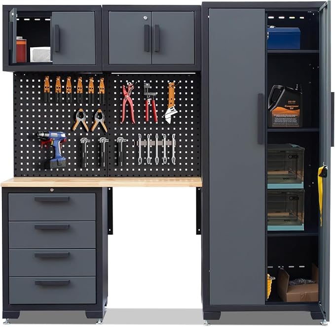 Garage Storage Cabinet System, 7PCK Workshop Set Garage Cabinets and Storage System with Steel Cabinet Drawers, Workbench, Pegboard for Tool Organization