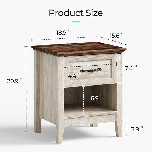 LINSY Night Stand 18.9" Farmhouse Wood Night Stand with Type-C Charging Station Open Storage Shelf Nightstands with Drawer Side Table End Table for Bedroom Living Room Sofa Couch Office Beige
