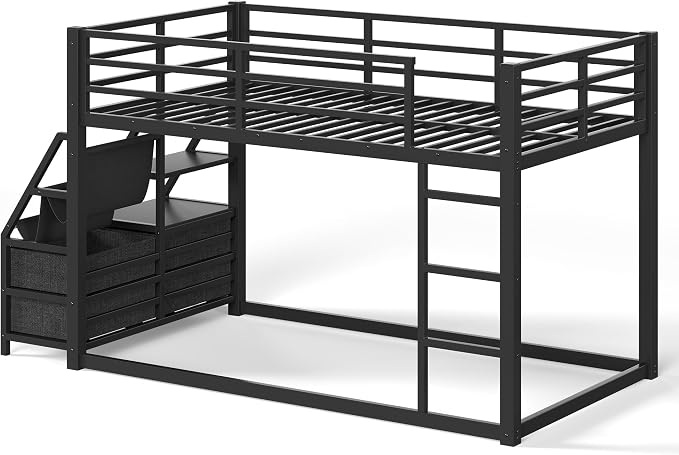 Bellemave Twin Over Twin Bunk Bed with Storage Shelves & 4 Drawers,Heavy Duty Metal Bunk Bed for Teens with LED Lights, Low Bunk Beds for Kids with Guardrails & Ladder, No Box Spring Needed, Black
