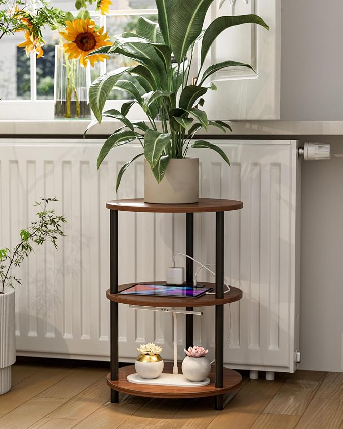 XBurmo Small Round End Table - 3 Tier Design Accent Table, Narrow Side or Bedside Stand, Industrial Vintage Table for Small Spaces, Built-in USB Ports and Power Outlet, Rustic Walnut
