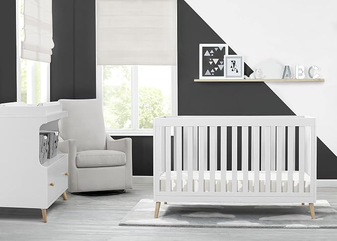 Delta Children Essex 6 Drawer Dresser and 4-in-1 Convertible Crib, Bianca White/Natural