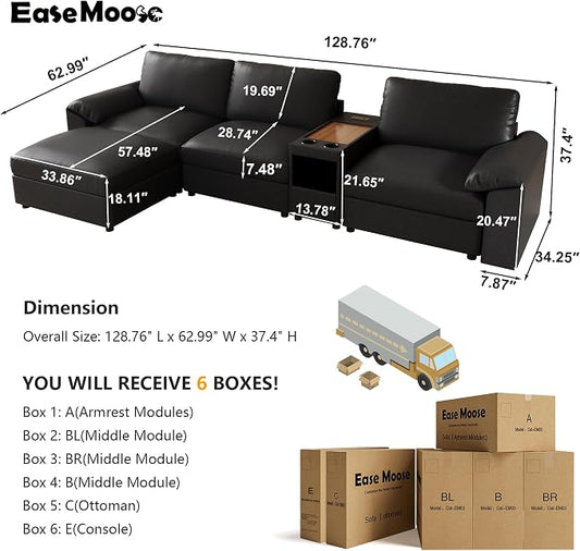 EASE MOOSE Leather Sectional Couch with Console,Oversized Modular Sectional Sofas,Wide Deep Seat Modular Couch,Scratch Resistant Faux Leather Material,L Shaped Sofa for Big Spaces,Black