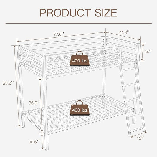 ikalido Metal Loft Bunk Bed Twin Over Twin Size with Ladder, Cream White | Safety Guardrail,No Box Spring Needed, Space Saving Bedroom Furniture