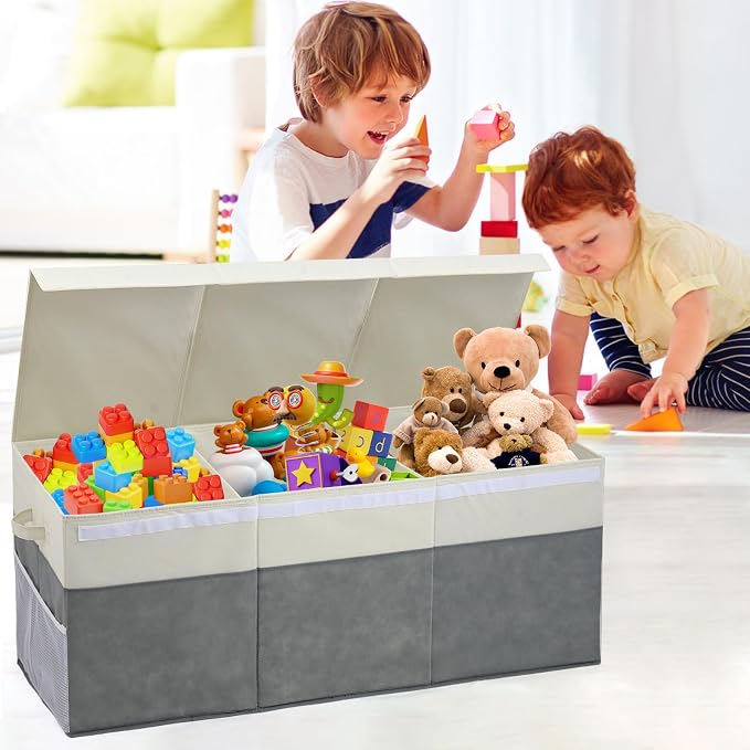 FIIOEOY Extra Large Toy Box with Lids, Collapsible Toy Storage Organizer with Divider for Kids, Sturdy Toy Chest for Bedroom, Nursery, Living Room, Playroom, 40"x14"x16", Gray & White