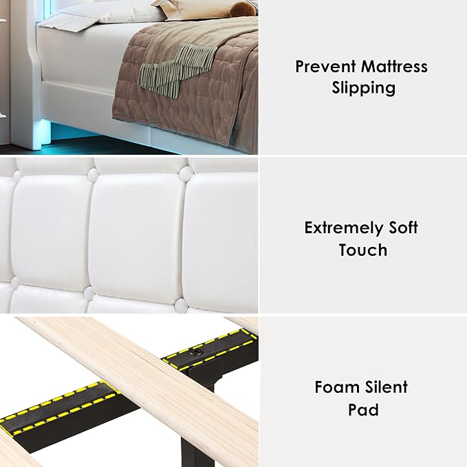 Keyluv Full Floating Bed Frame with Storage Headboard, LED Lights & Charging Station Platform Bed, Soft Upholstered PU Leather, USB/Type-C Ports, Easy Assembly, White