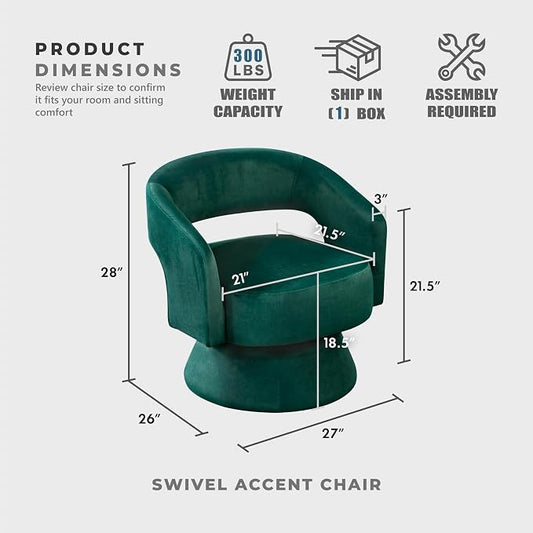 Lexicon 360 Degree Swivel Accent Chair, Modern Comfy Velvet Round Barrel Chair, Open Back, Plush Foam Cushions, Metal Swivel Base for Living Room/Bedroom/Office/Small Spaces, Green