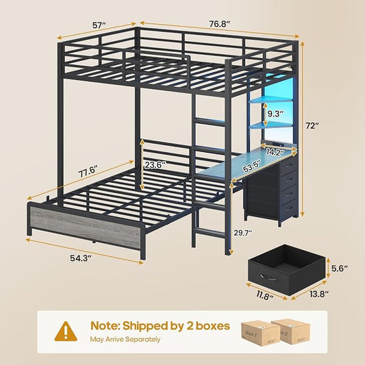 ADORNEVE Bunk Bed with Desk, Full Over Full Bunk Beds with Charging Station & Led Lights, 4 Storage Drawers & 2 Open Storage Shelves, Metal Loft Bed with Safety Guardrail & Ladder for Kids/Teen, Grey