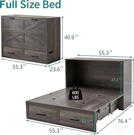 Murphy Bed Full Size Cabinet with Drawer Hidden Beds with Charging Station Farmhouse Wood Space-Saving Hidden Folding Chest Cabinet Bed for Bedroom, Office, School, Rustic Grey