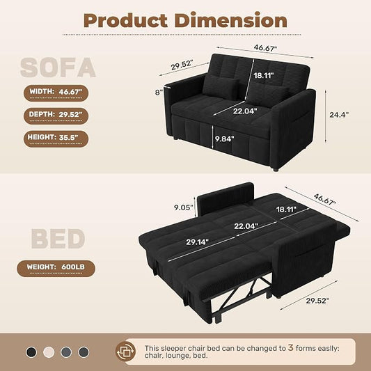 Nebuaegis Sleeper Sofa Bed,3-in-1 Convertible Pull Out Couch with Adjustable Backrest for Living Room,Loveseat Sofa Bed with Side Pockets,Easy Assembly,Black,1 PCS