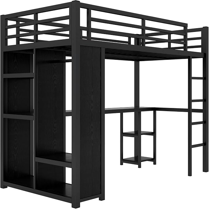 Bellemave Twin XL Loft Bed with Desk, Wardrobe, Metal Twin XL Loft Bed Frame for Adults, Kids, Teens, Black