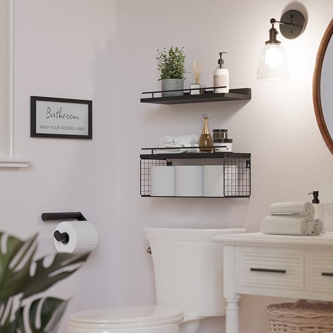 WOPITUES Floating Shelves for Wall Decor Sign, Bathroom Organizers and Storage, Bathroom Shelves Over Toilet with Metal Guardrail-Black