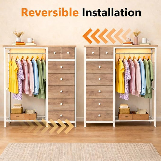 Simple Deluxe Storage Clothes Rack with 6 Drawers, Charging Station & LED Lights, Fabric Chest Shelves Clothing Rack, Wooden Portable Wardrobe Closet, 49.2" W x 15.7" D x 47.2" H, Brown