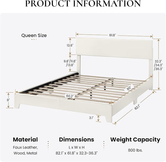 SHA CERLIN PU Leather Upholstered Queen Size Bed Frame with Headboard,White | Adjustable Low-Profile Platform Bed, Minimalist Design, Stable Mattress Foundation, Strong Back-Support, No Box Spring Needed